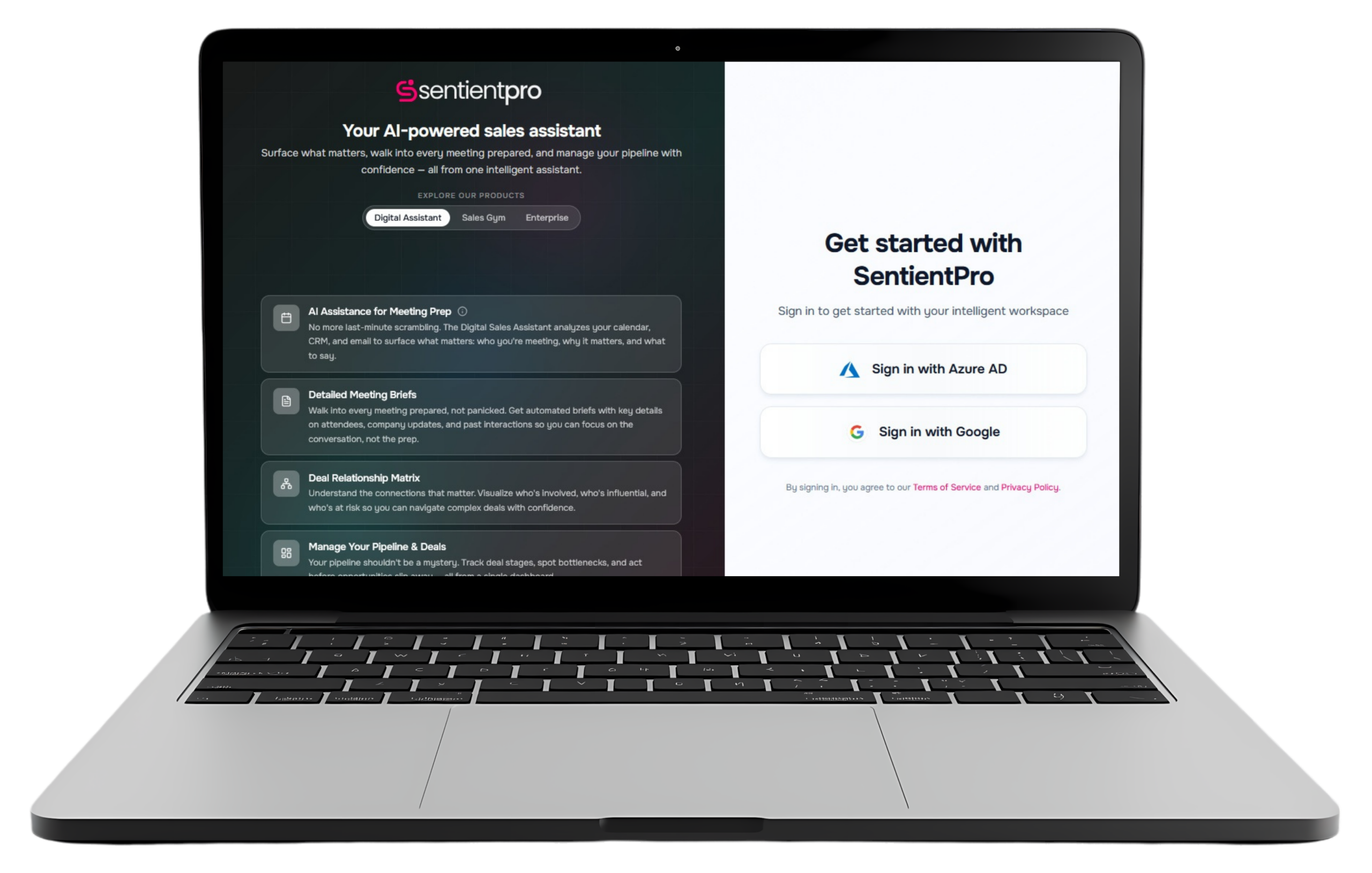 SentientPro Digital Sales Assistant Log In Screen