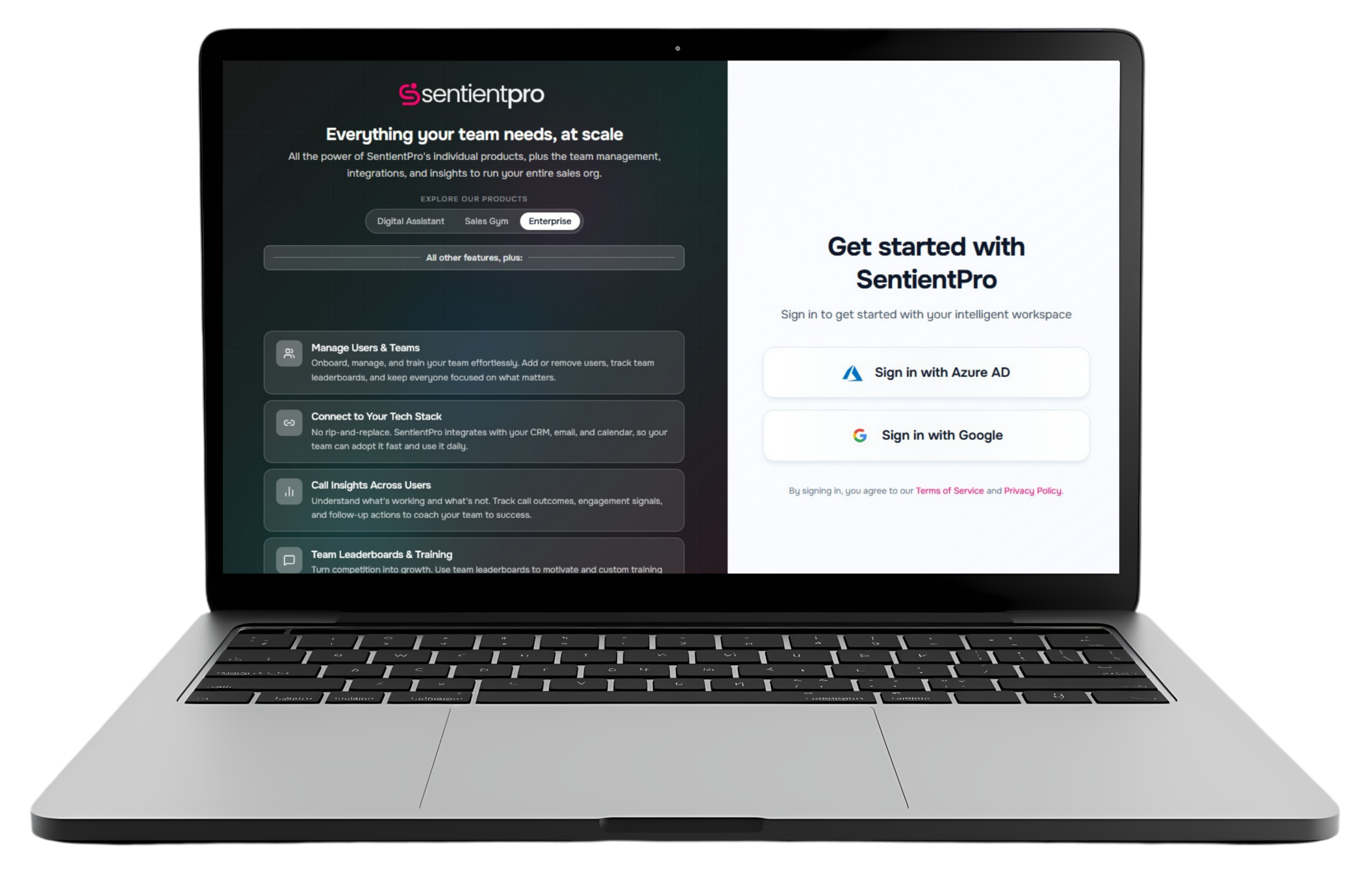 SentientPro Team License Log In Screen